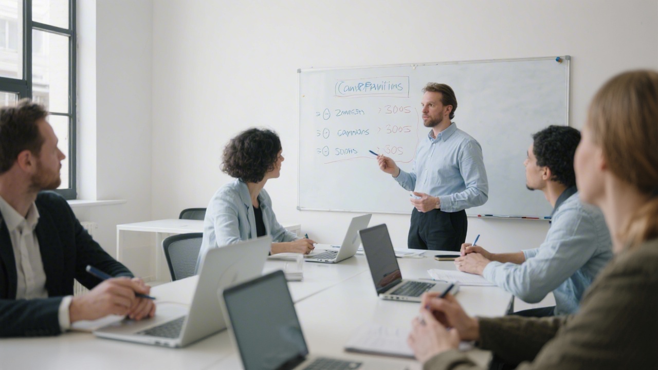 Small group training session with laptops open, facilitator reviewing campaign goals on a whiteboard, and participants taking notes in a calm, professional education setting