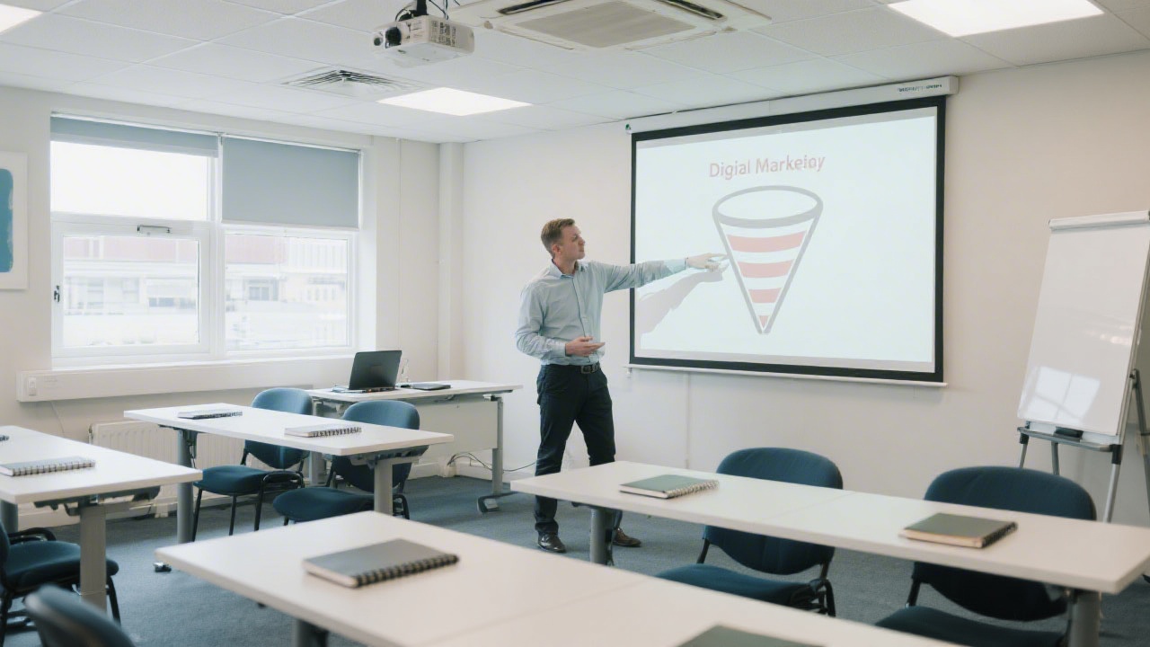Bright training room in Limerick with a projector, notebooks on tables, and a presenter pointing at a digital marketing funnel diagram, showing a calm professional learning atmosphere