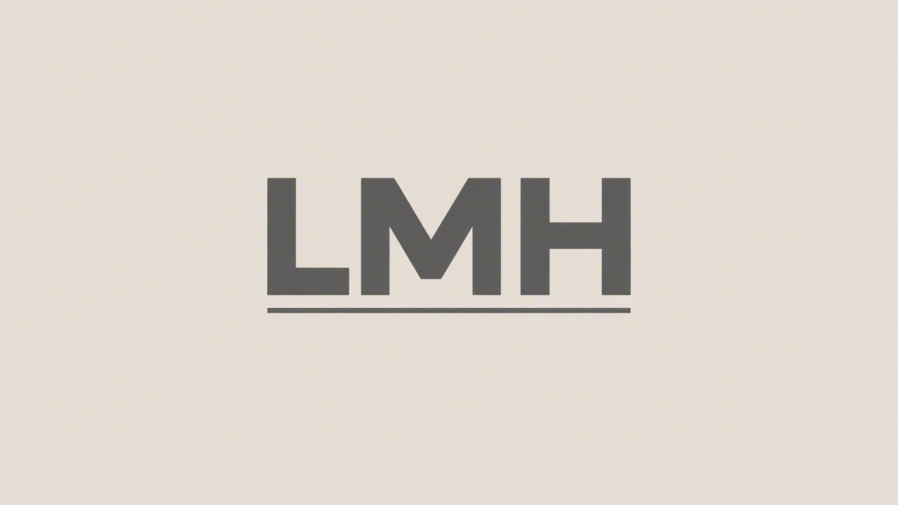 Simple flat logo featuring the initials LMH in a clean sans serif style, balanced with a small line underline, easy to reproduce with two colors only