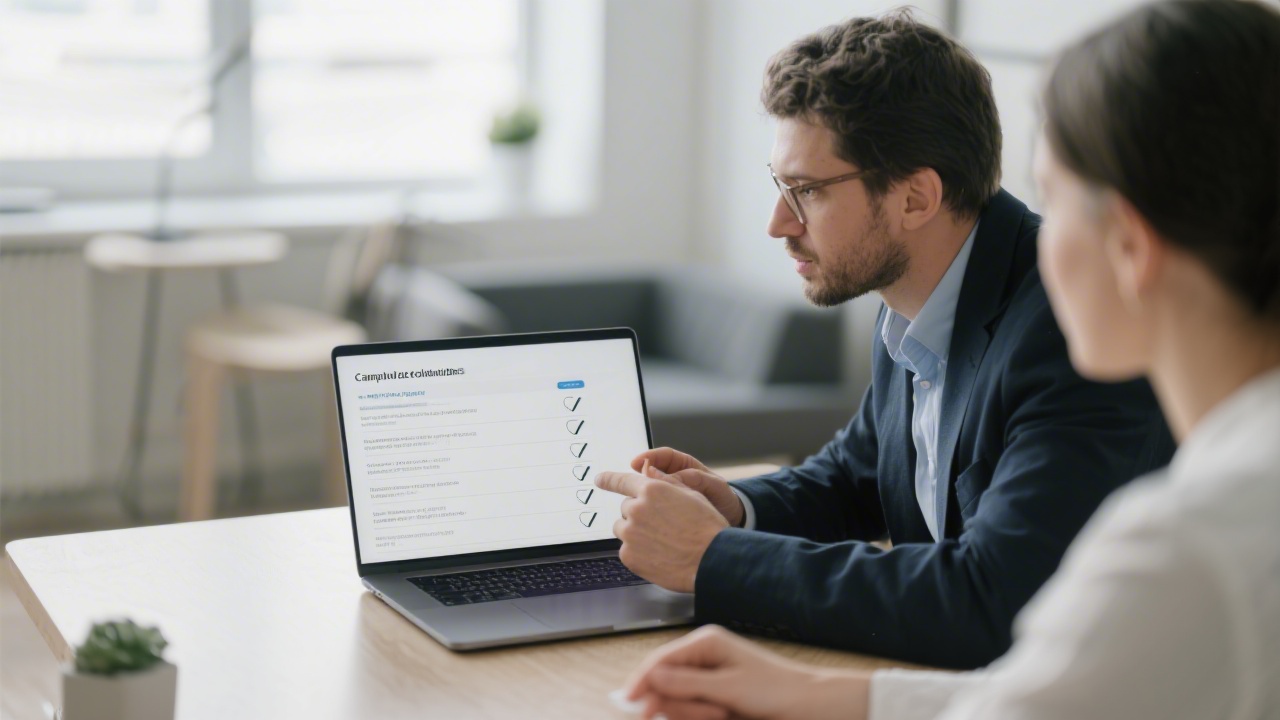 Professional marketing consultant reviewing a laptop screen with a client, showing a campaign checklist and a calm, structured consulting environment