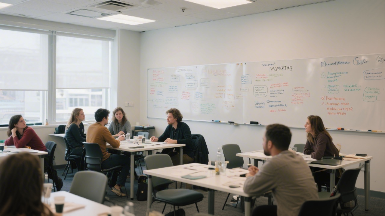 Wide shot of a workshop room with people collaborating at tables, whiteboards with marketing notes, and a calm structured environment focused on learning